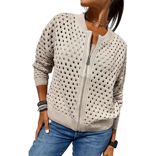 Womens Zip Up Crochet Cardigan Sweater,Women's Casual Hollow